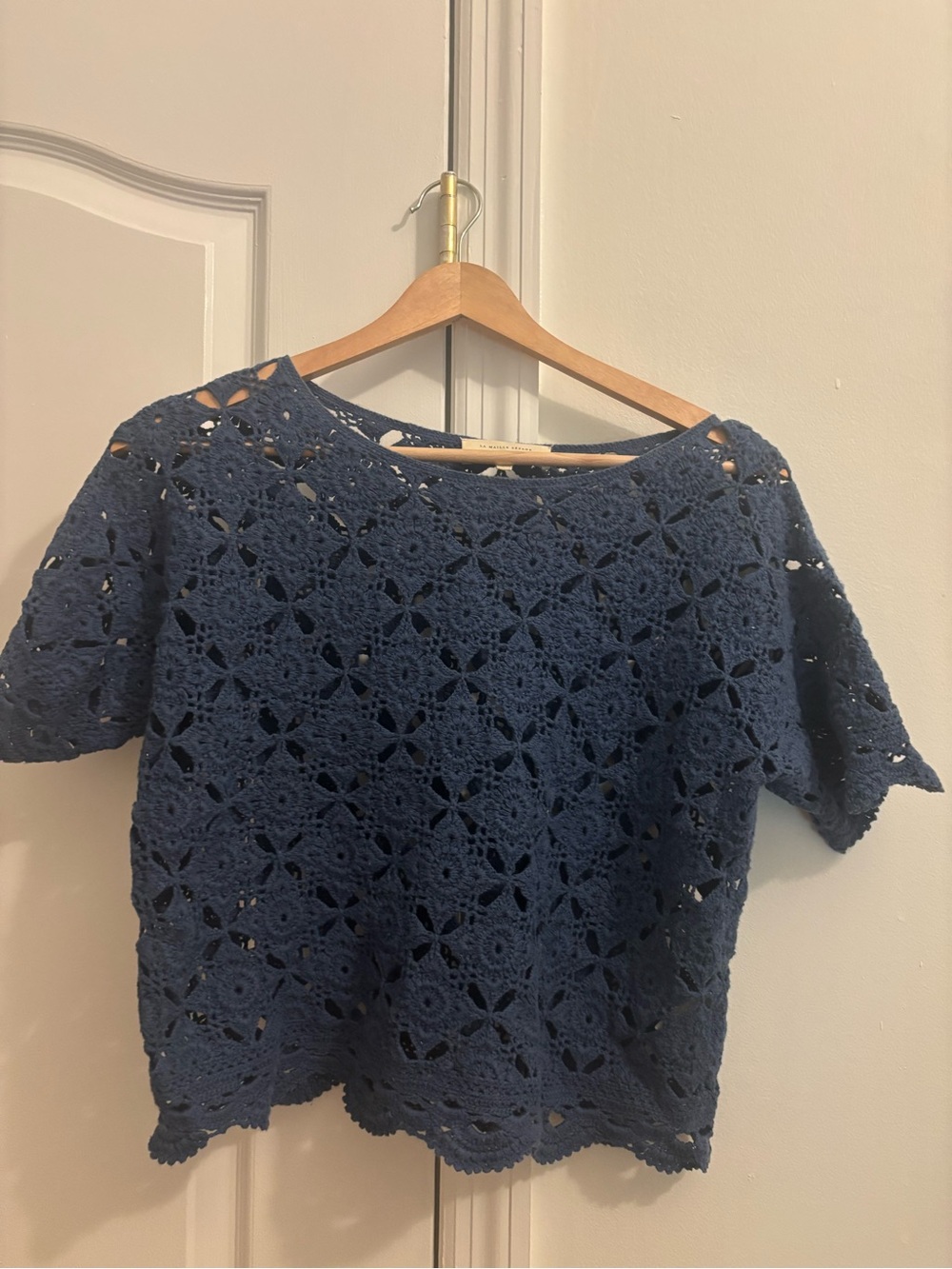 Sezane Deep Navy Crochet Boxy Short Sleeve Tunic
